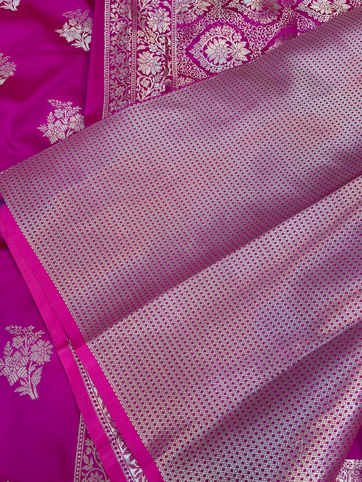 Dark Pink Banarasi Katan Silk Saree with All-Over Floral Buta Work