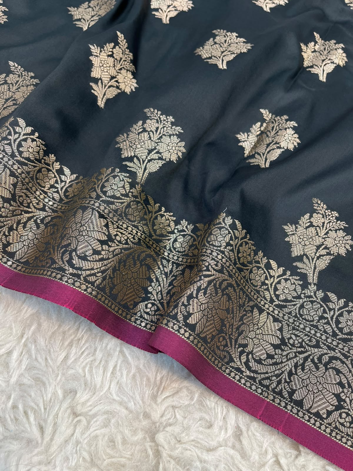 Black Banarasi Katan Silk Saree with All-Over Floral Buta Work