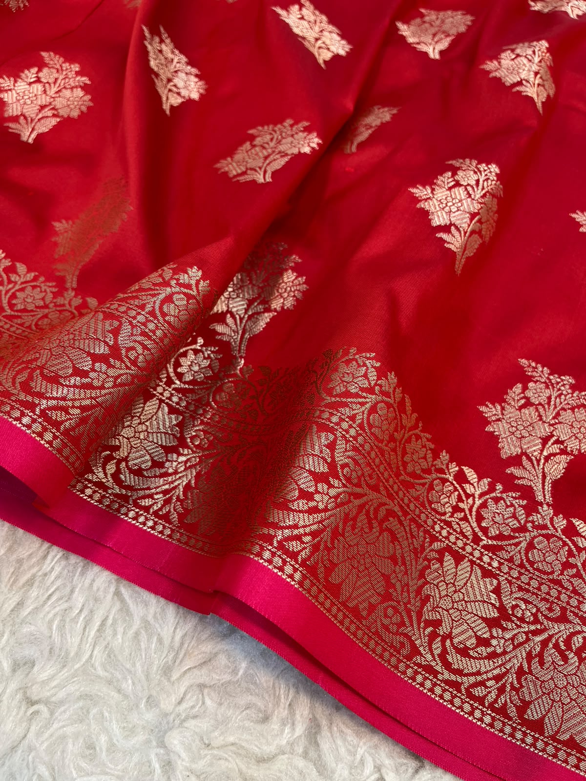 Bridal Red Banarasi Katan Silk Saree with All-Over Floral Buta Work