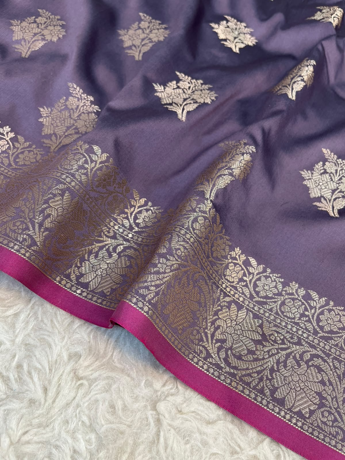 Lavender Banarasi Katan Silk Saree with All-Over Floral Buta Work