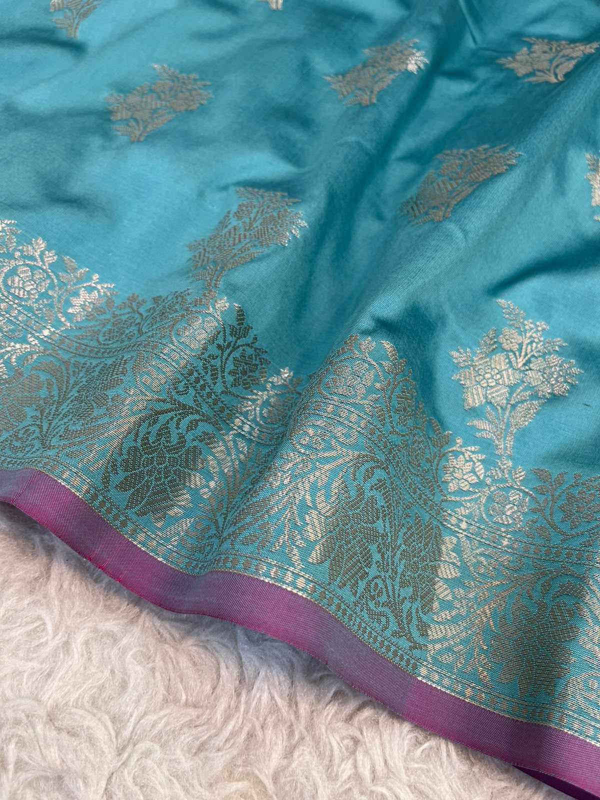 Seafoam Blue Banarasi Katan Silk Saree with All-Over Floral Buta Work