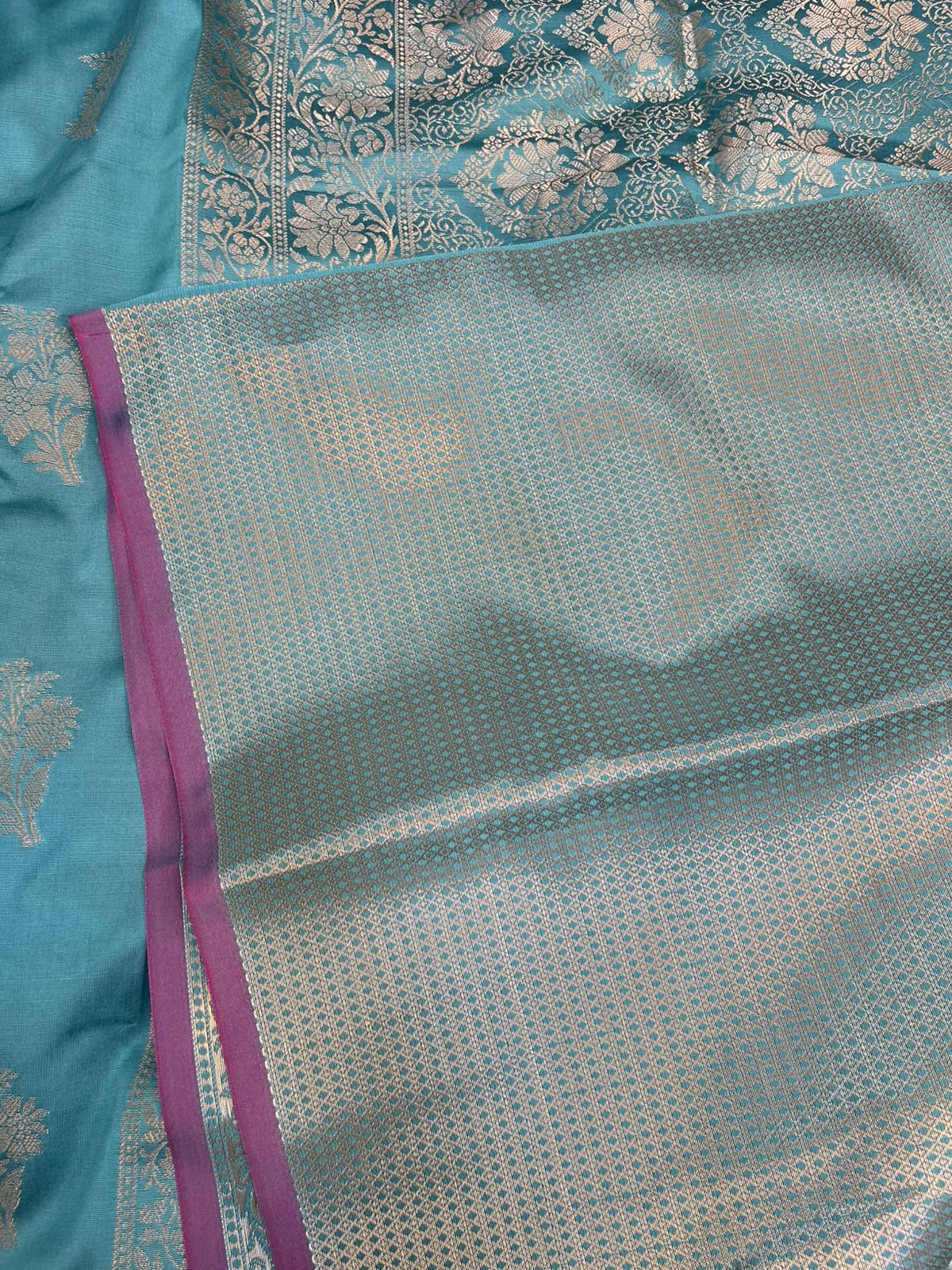 Seafoam Blue Banarasi Katan Silk Saree with All-Over Floral Buta Work