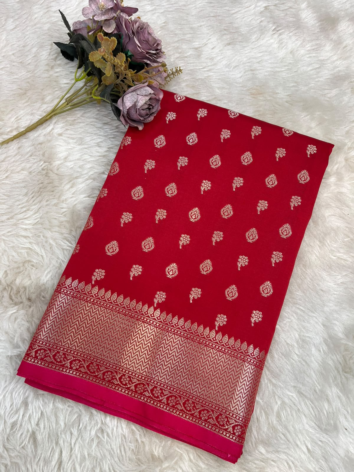 Crimson Red Banarasi Soft Katan Silk Saree with All-Over Zari Buti & Rich Pallu