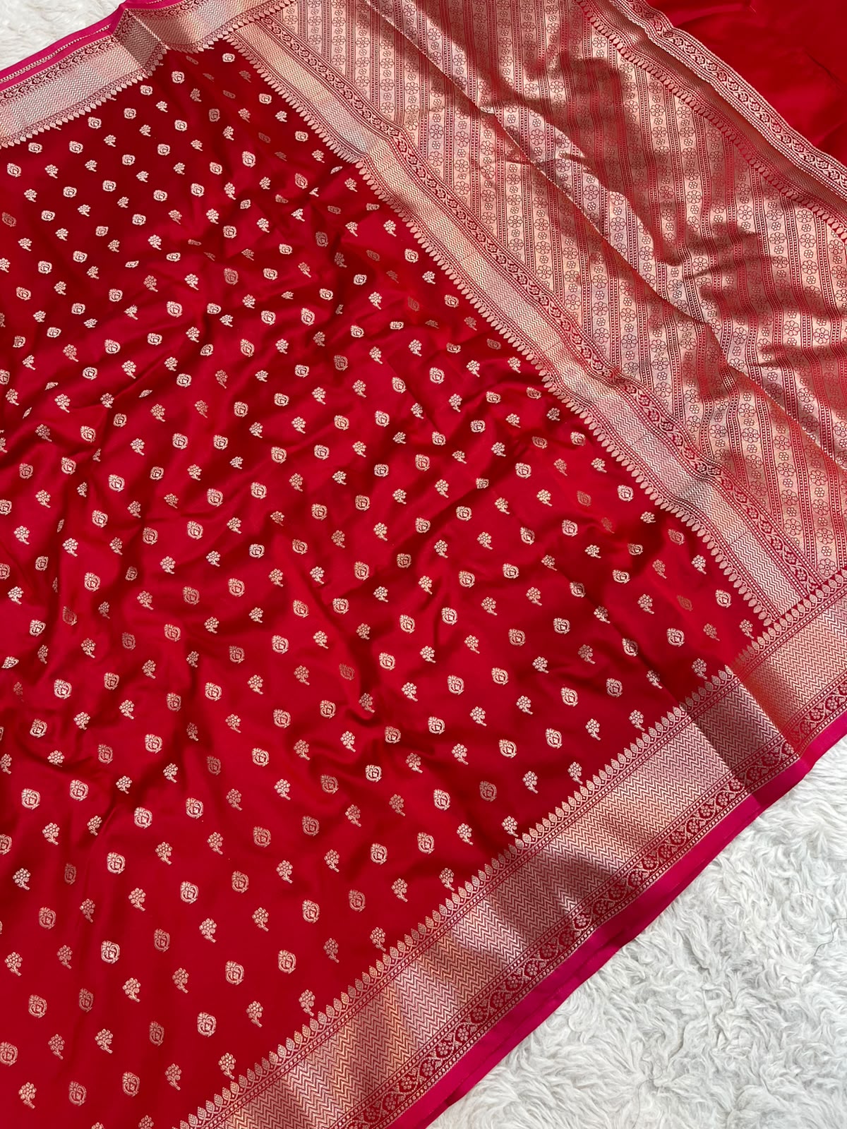 Crimson Red Banarasi Soft Katan Silk Saree with All-Over Zari Buti & Rich Pallu