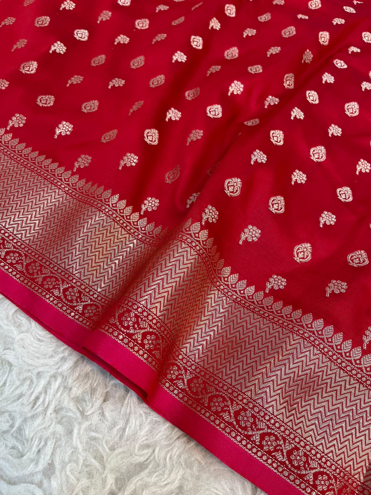 Crimson Red Banarasi Soft Katan Silk Saree with All-Over Zari Buti & Rich Pallu