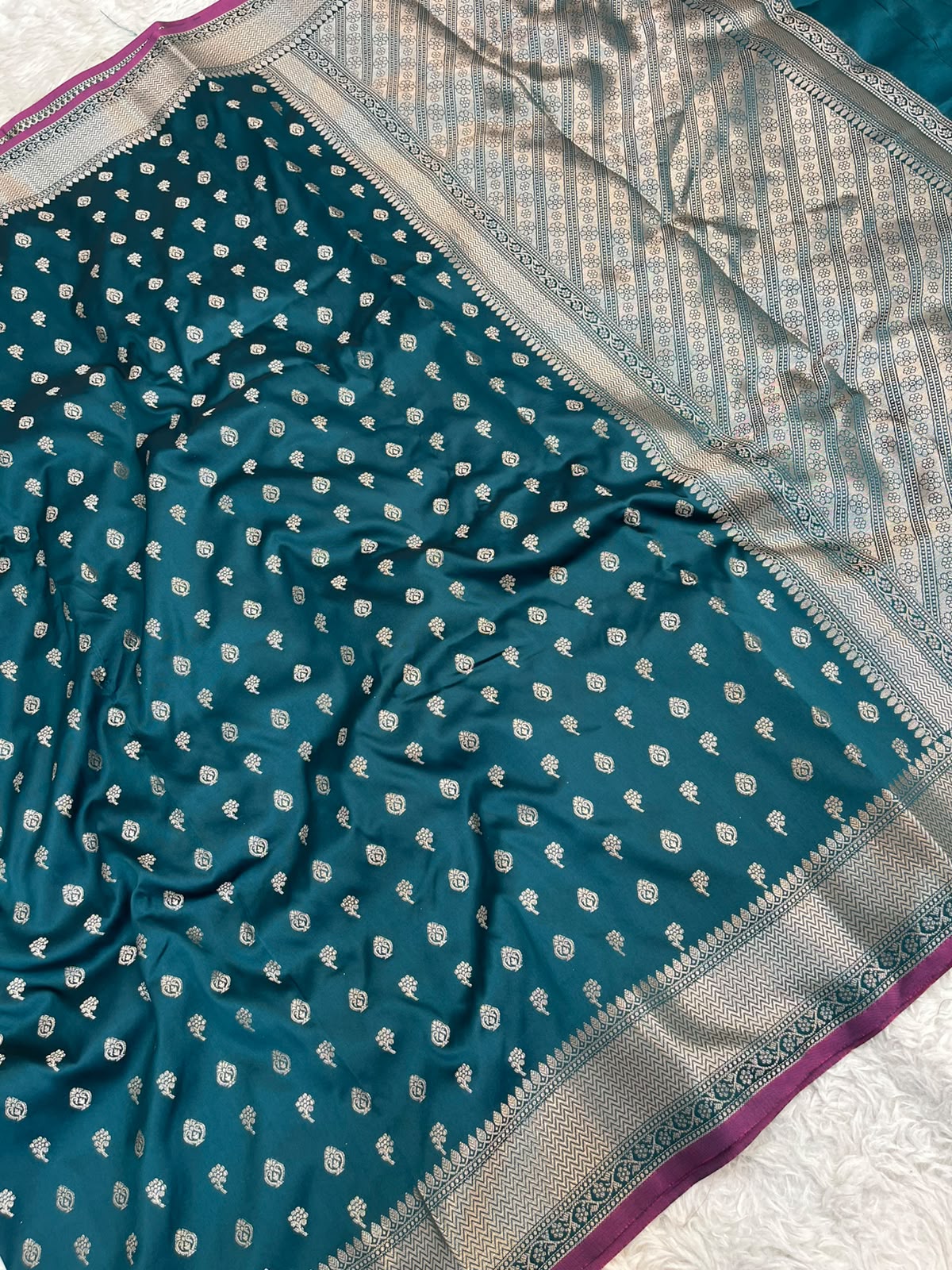 Sapphire Blue Banarasi Soft Katan Silk Saree with All-Over Zari Buti & Rich Pallu