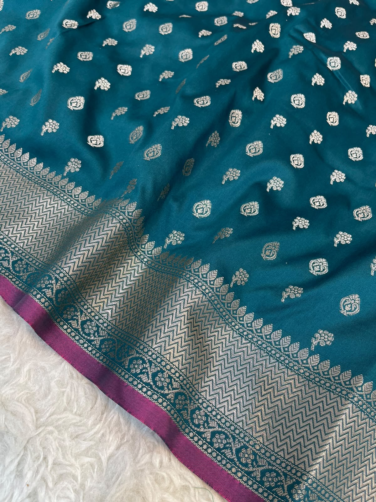 Sapphire Blue Banarasi Soft Katan Silk Saree with All-Over Zari Buti & Rich Pallu
