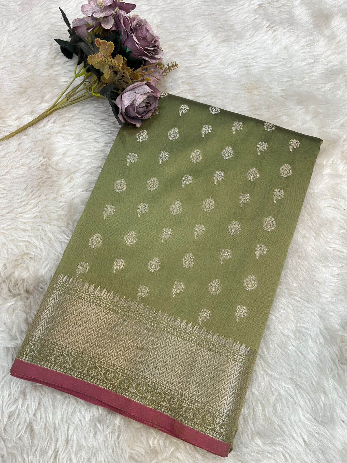 Mehndi Olive Banarasi Soft Katan Silk Saree with All-Over Zari Buti & Rich Pallu