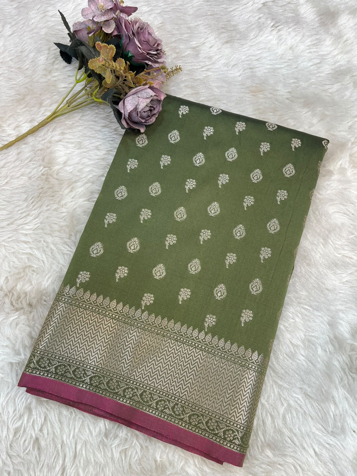 Mehndi Green Banarasi Soft Katan Silk Saree with All-Over Zari Buti & Rich Pallu