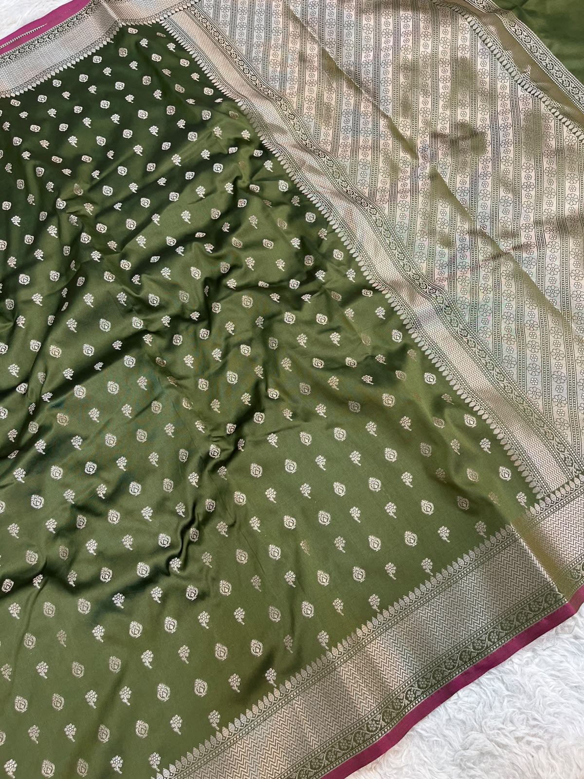 Mehndi Green Banarasi Soft Katan Silk Saree with All-Over Zari Buti & Rich Pallu