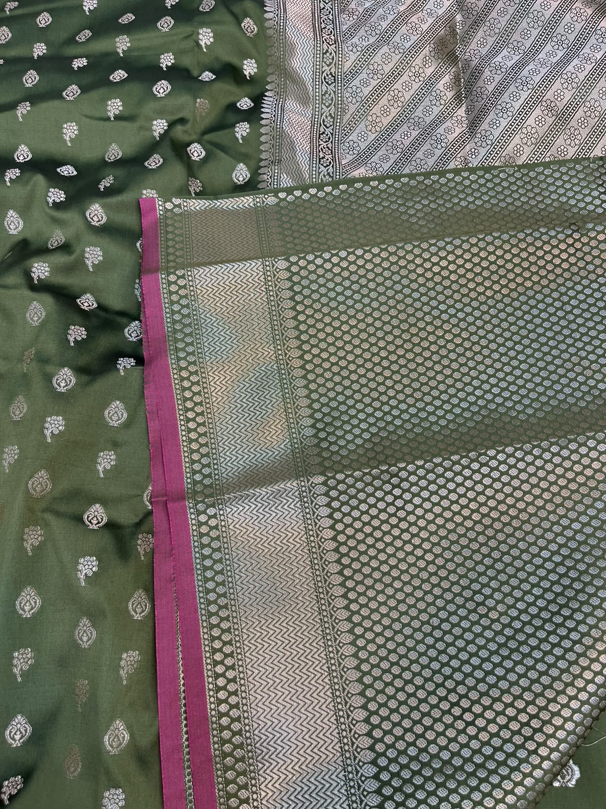 Mehndi Green Banarasi Soft Katan Silk Saree with All-Over Zari Buti & Rich Pallu