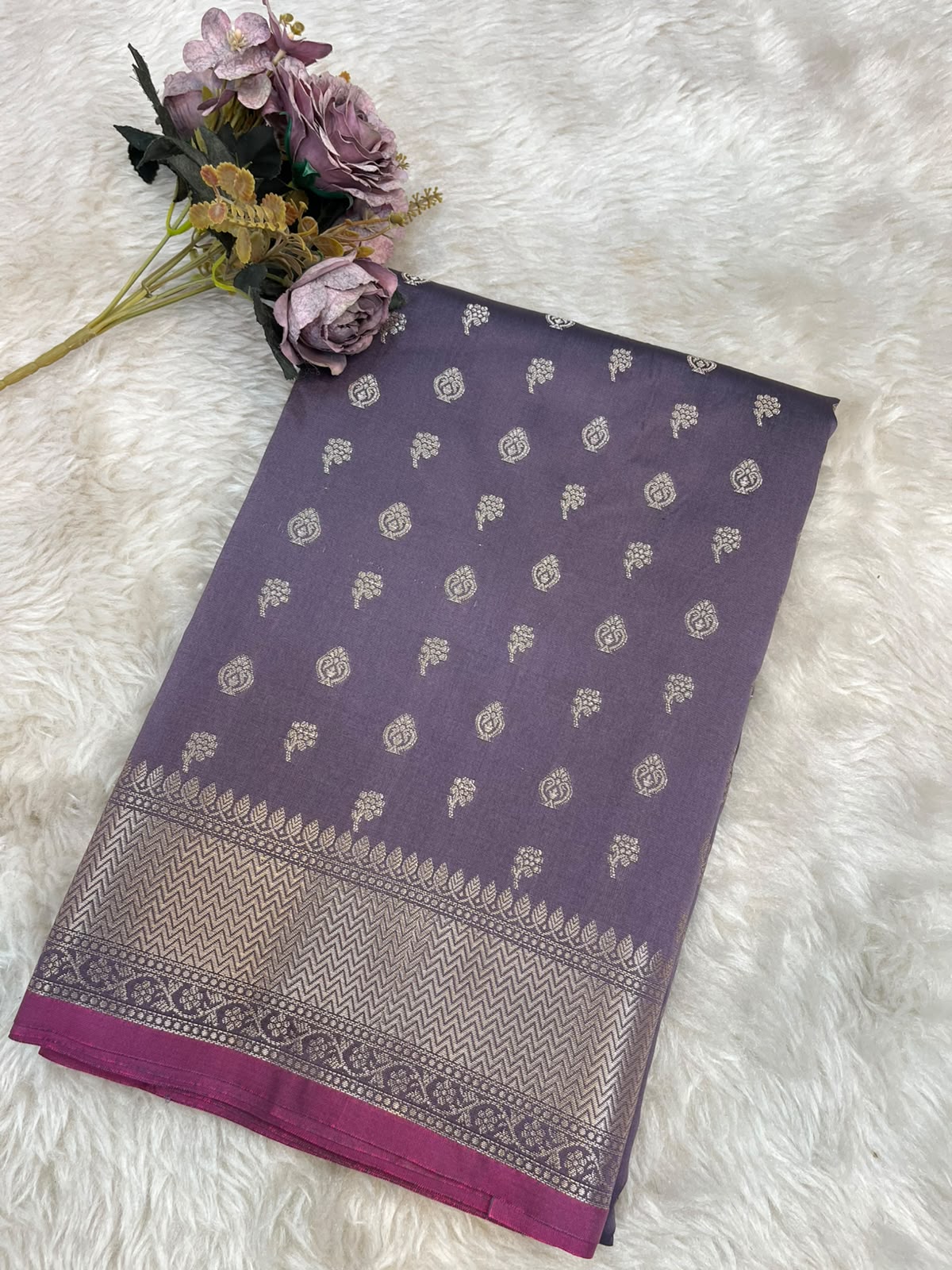 Lavender Banarasi Soft Katan Silk Saree with All-Over Zari Buti & Rich Pallu