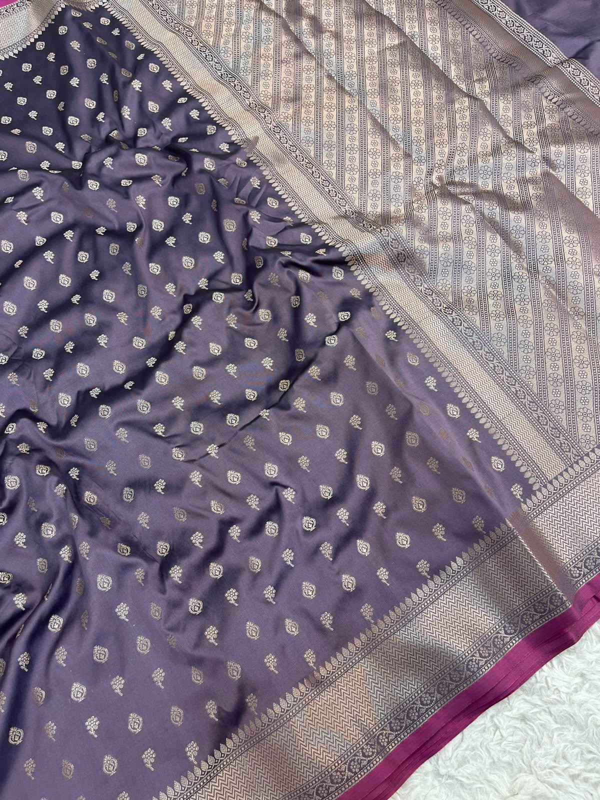 Lavender Banarasi Soft Katan Silk Saree with All-Over Zari Buti & Rich Pallu