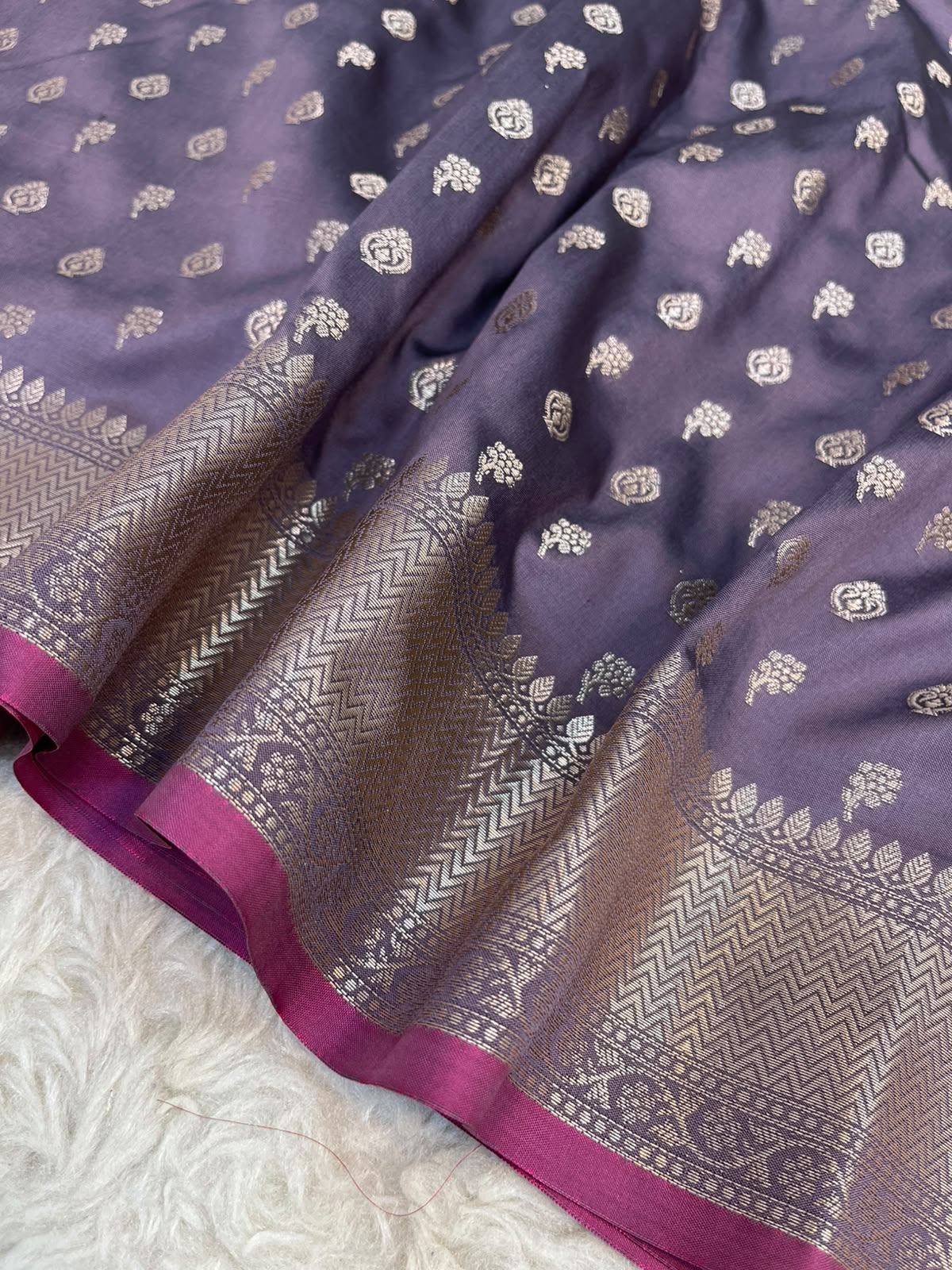 Lavender Banarasi Soft Katan Silk Saree with All-Over Zari Buti & Rich Pallu