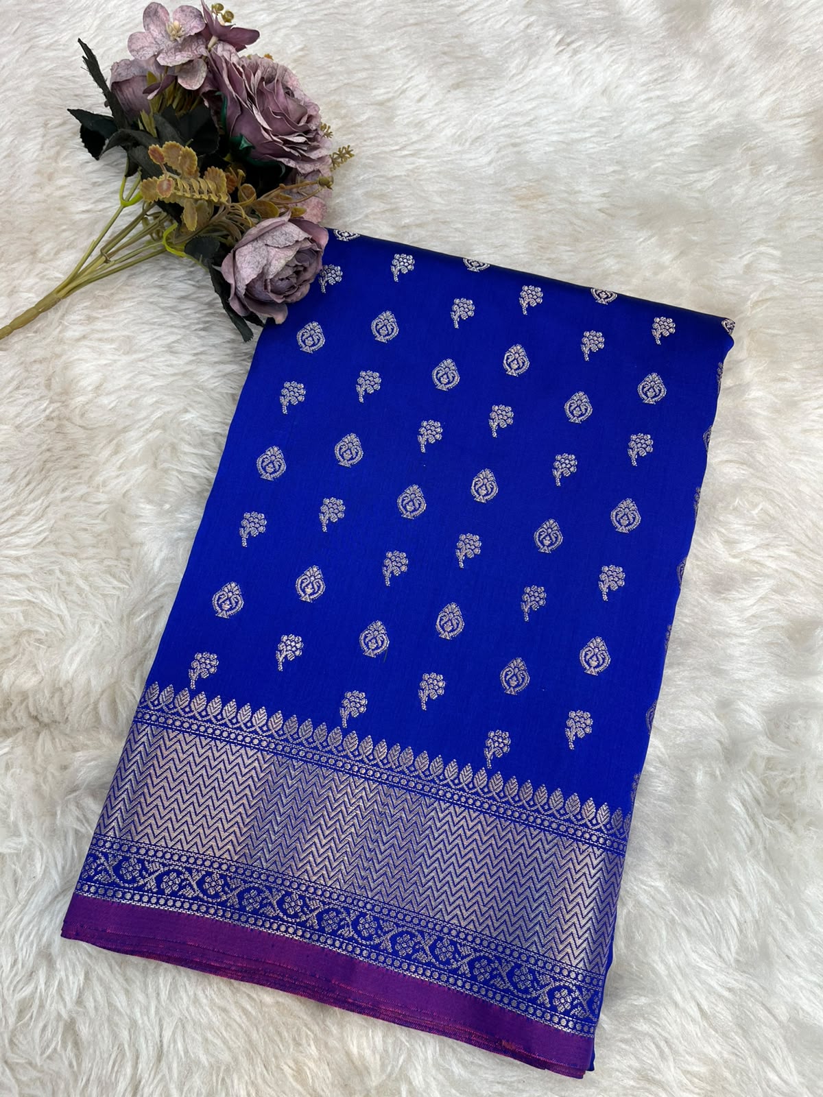 Roya Blue Banarasi Soft Katan Silk Saree with All-Over Zari Buti & Rich Pallu