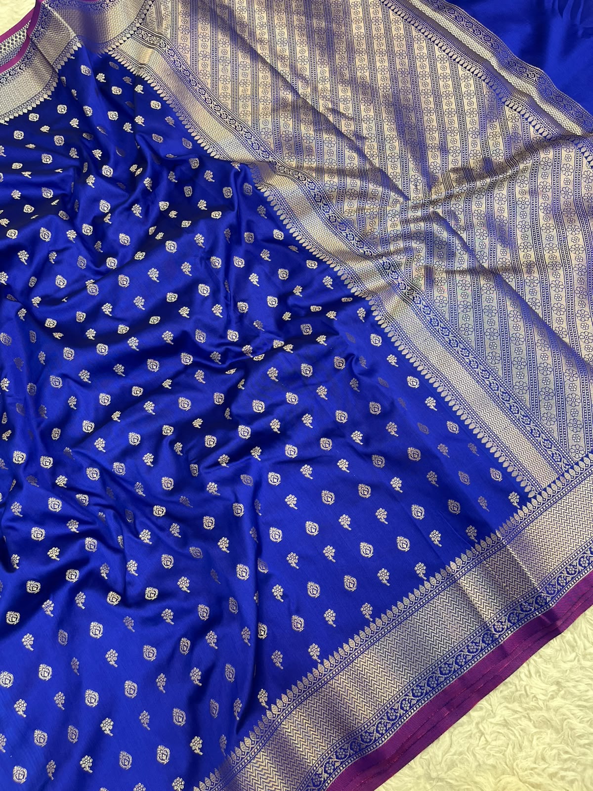 Roya Blue Banarasi Soft Katan Silk Saree with All-Over Zari Buti & Rich Pallu