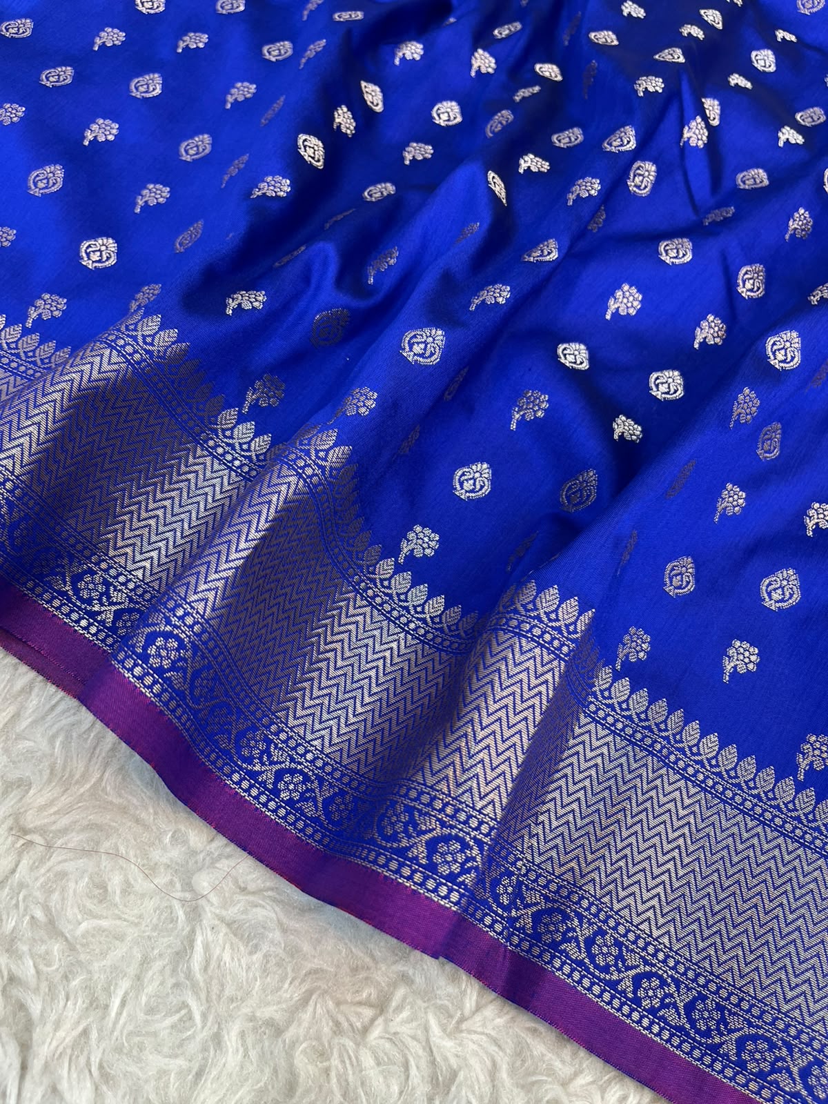 Roya Blue Banarasi Soft Katan Silk Saree with All-Over Zari Buti & Rich Pallu