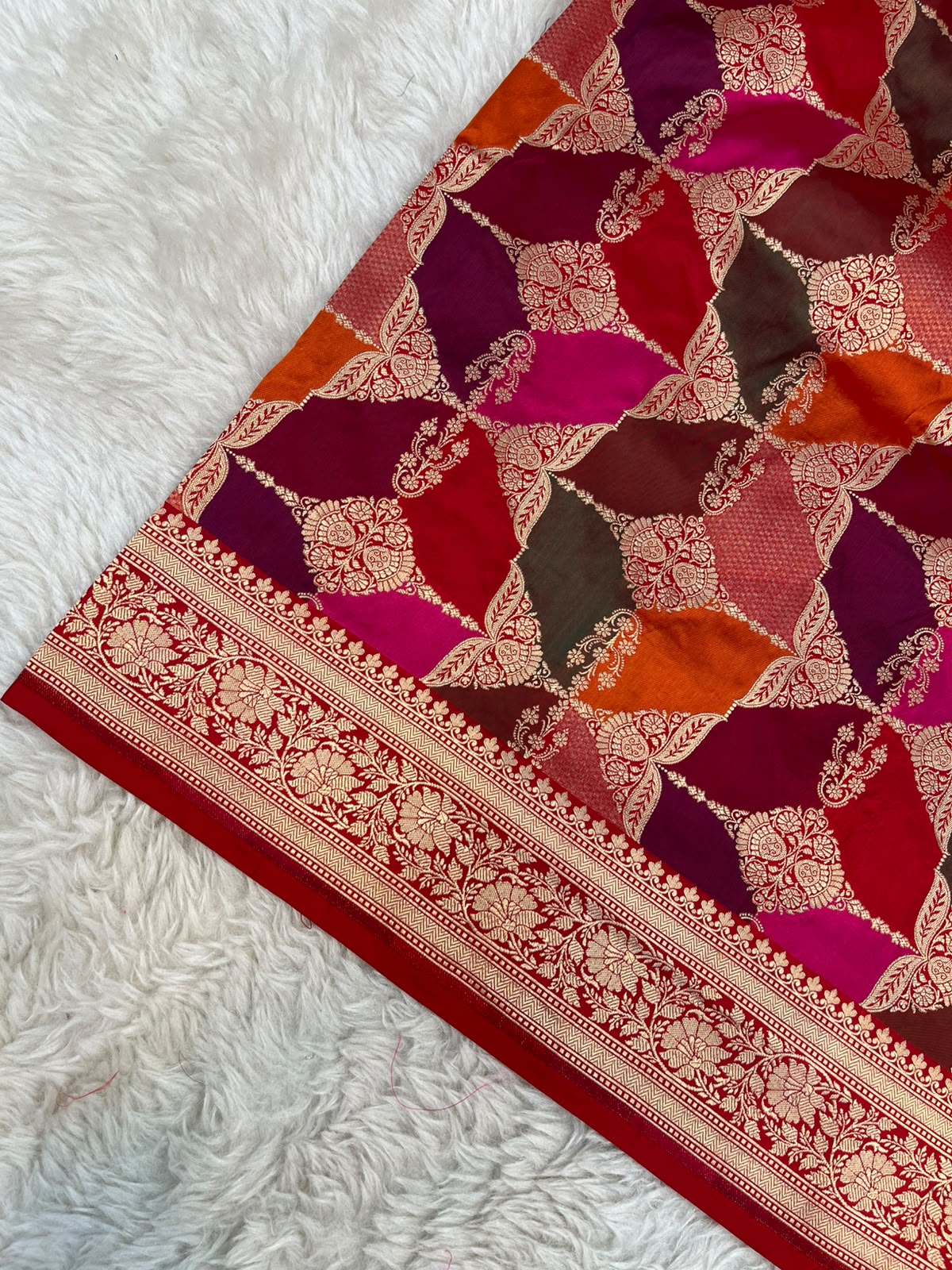 Crimson Red Pure Katan Silk Handloom Banarasi Rangkat Saree with Multicolor Diamond Jaal