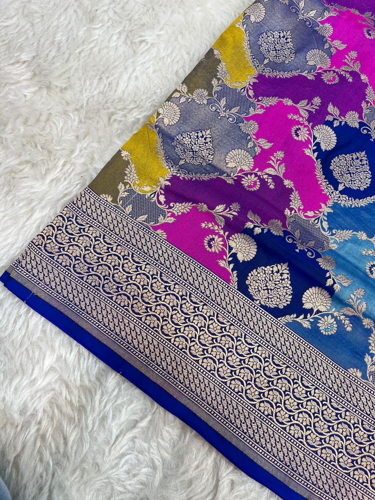 Royal Blue Pure Katan Silk Handloom Banarasi Rangkat Saree with Multicolor Floral Meenakari Jaal