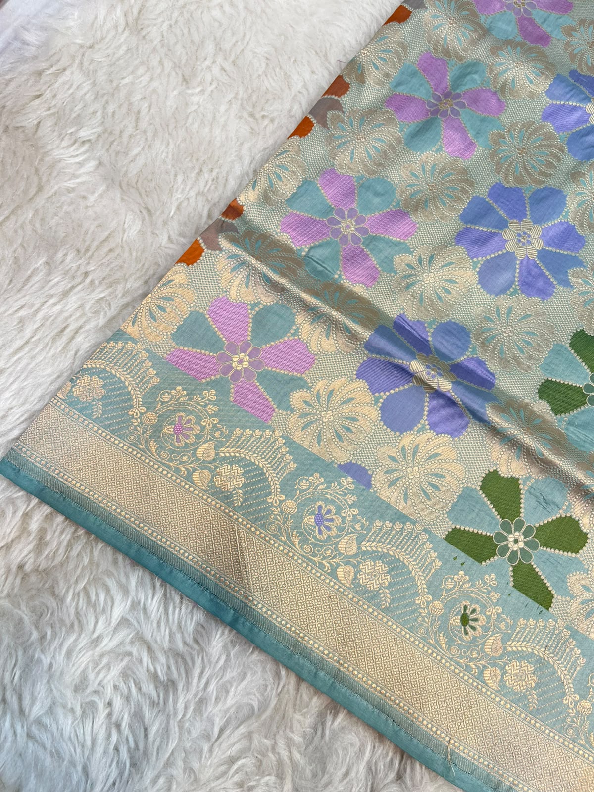 Multicolored Pure Katan Silk Banarasi Rangkat Saree with Gold Zari Floral Blossoms & Meenakari Pallu