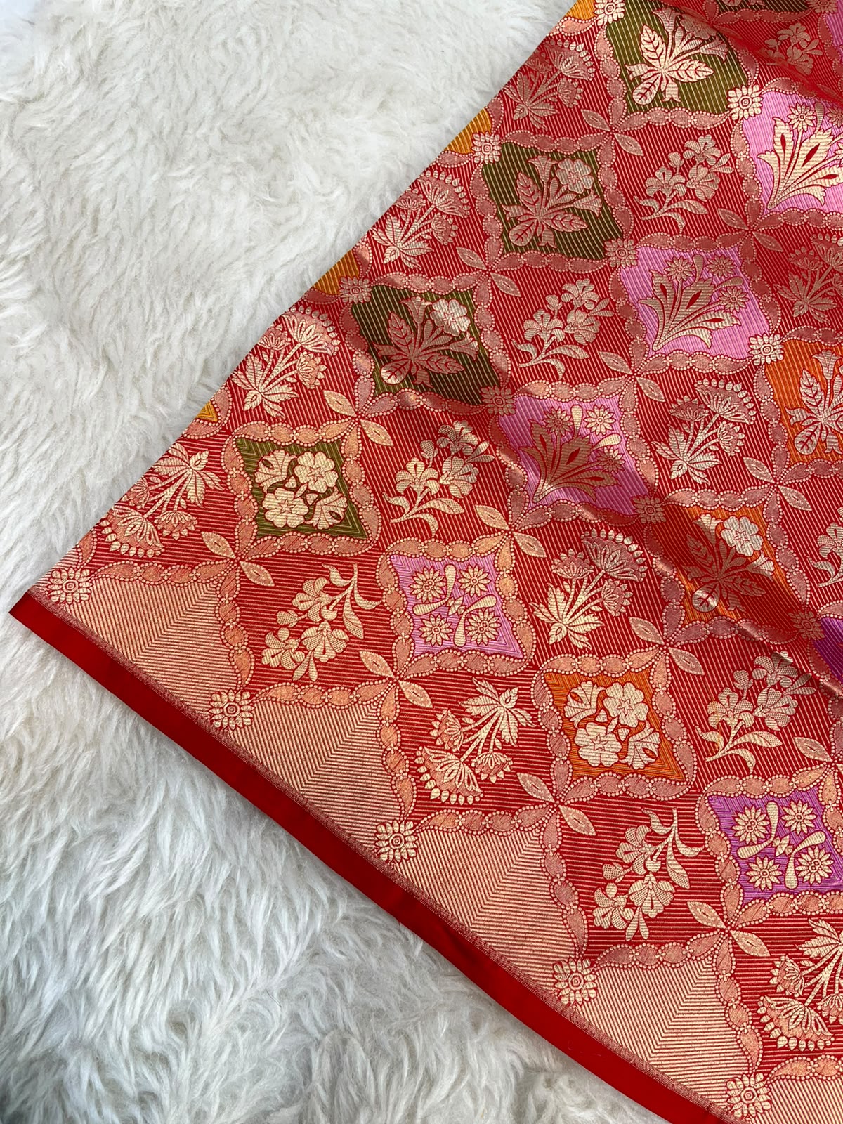 Crimson Red Pure Katan Silk Handloom Banarasi Rangkat Saree with Multicolor Diamond Floral Jaal