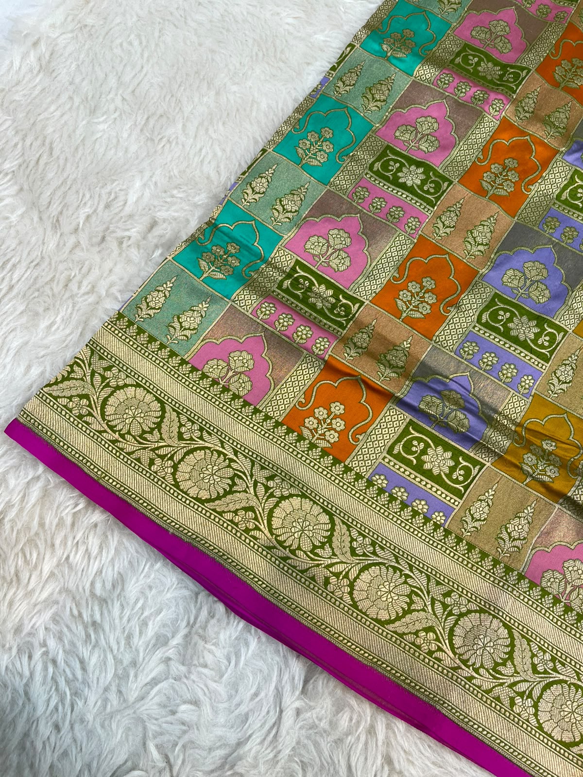Olive Green Pure Katan Silk Handloom Banarasi Rangkat Saree with Multicolor Jharokha Jaal