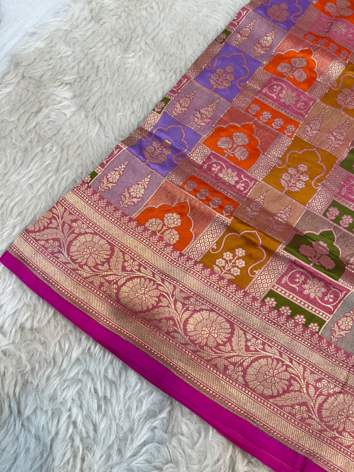 Multihued Pure Katan Silk Banarasi Rangkat Saree with Ornate Gold Zari Kalka Pallu