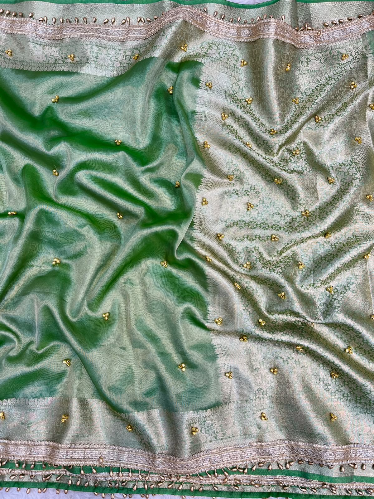 Sage Mint Tissue Silk Saree with Handcrafted Ghungroo Work & Banarasi Zari Woven Pallu