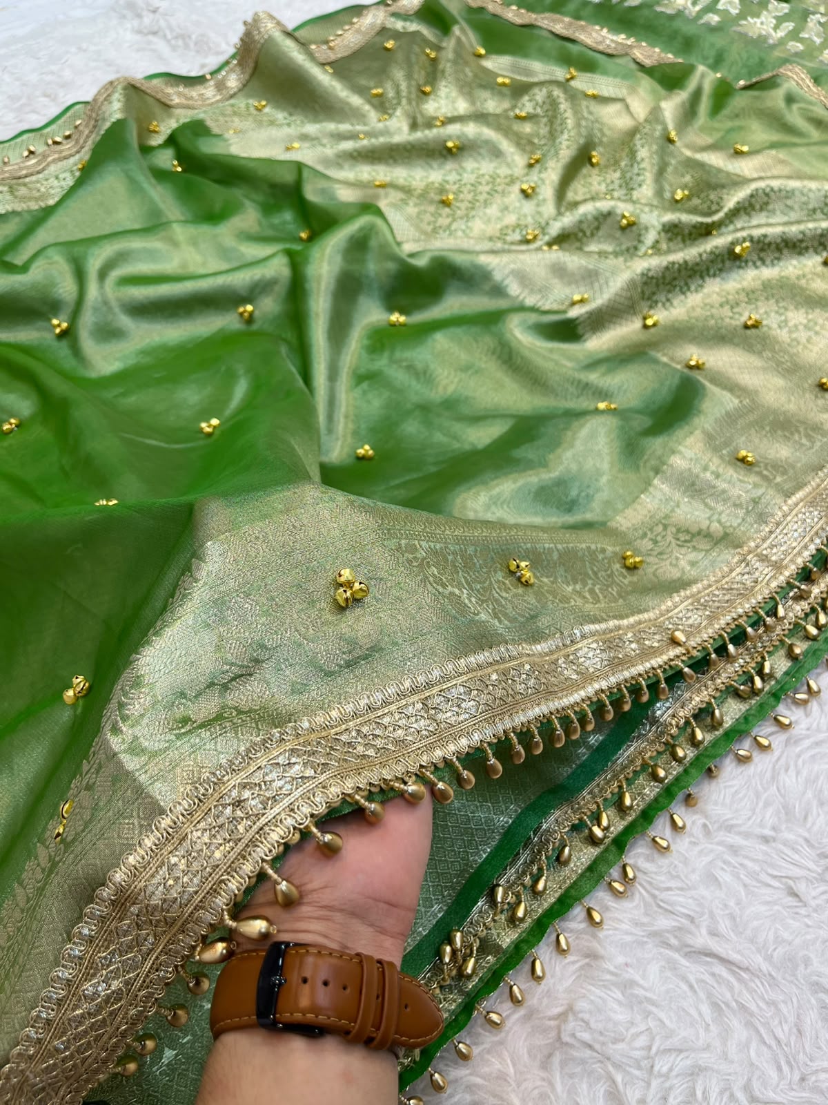 Sage Mint Tissue Silk Saree with Handcrafted Ghungroo Work & Banarasi Zari Woven Pallu