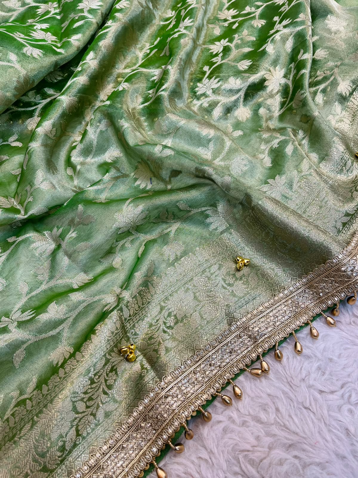 Sage Mint Tissue Silk Saree with Handcrafted Ghungroo Work & Banarasi Zari Woven Pallu