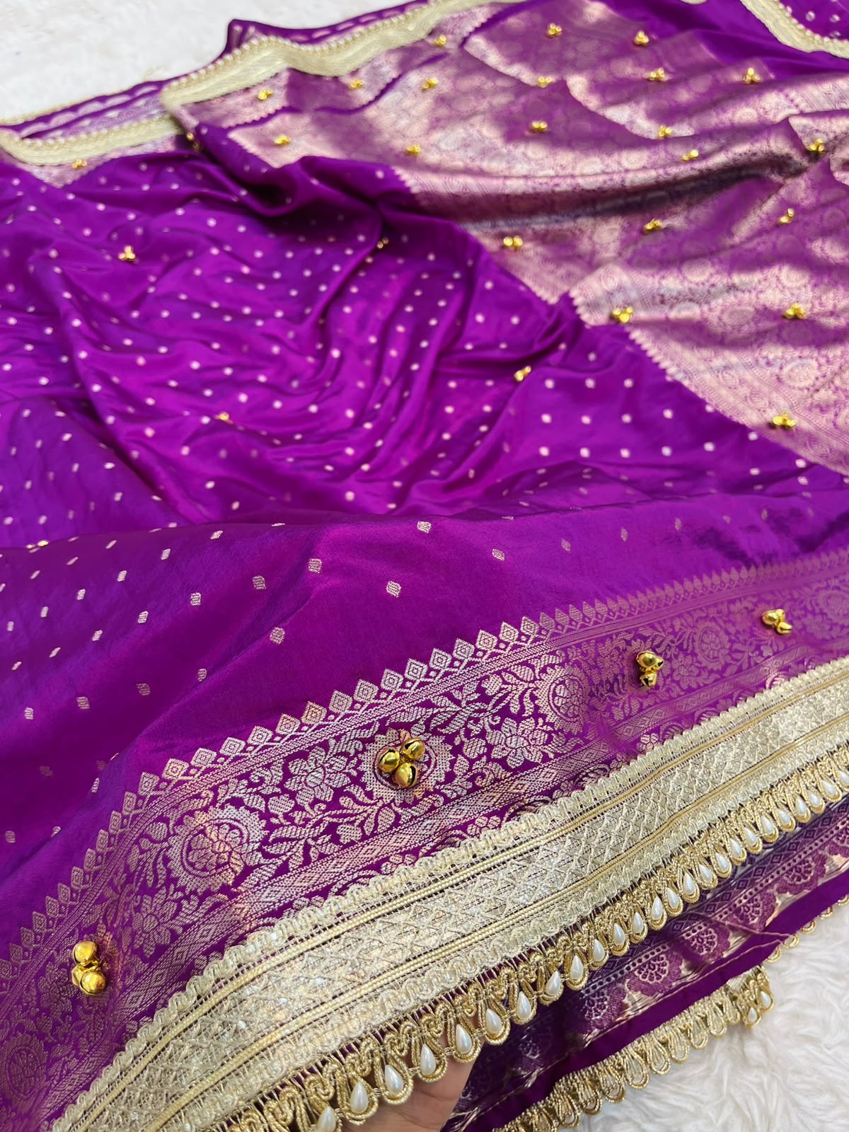 Royal Magenta Georgette Katan Silk Saree with All-Over Zari Butis, Handcrafted Ghungroo Work & Pearl Fringe Trim