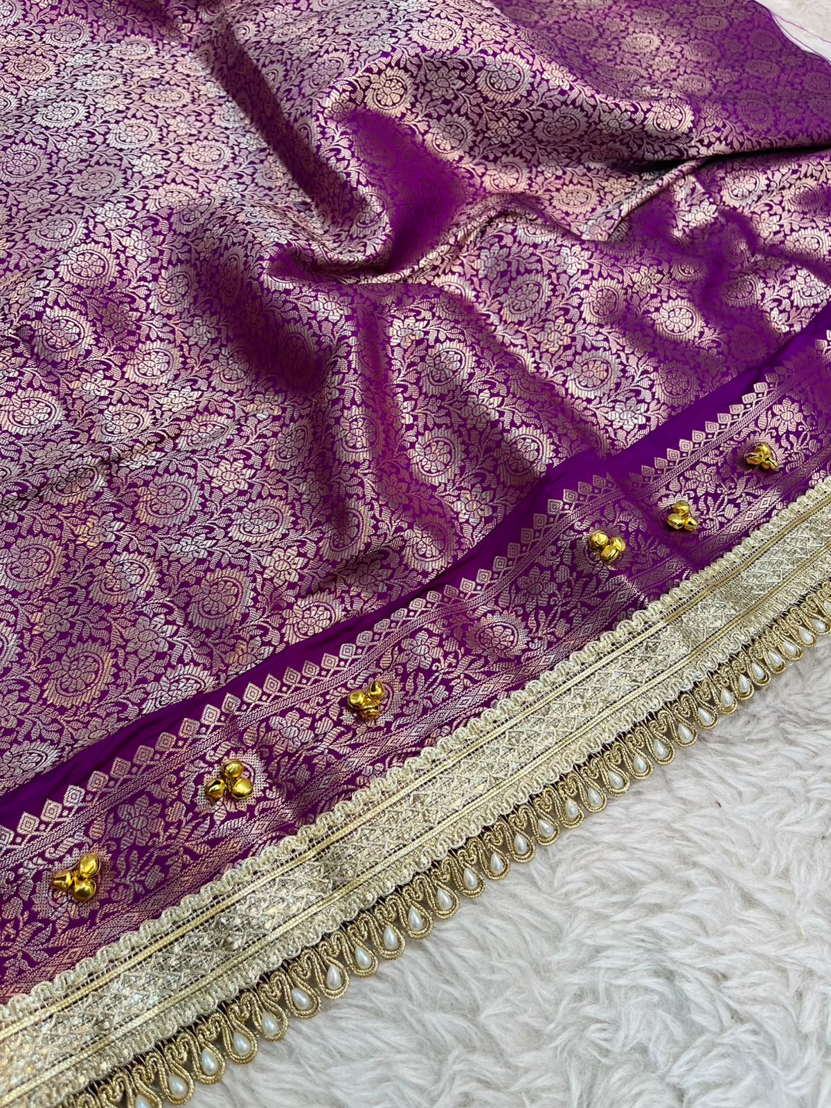 Royal Magenta Georgette Katan Silk Saree with All-Over Zari Butis, Handcrafted Ghungroo Work & Pearl Fringe Trim