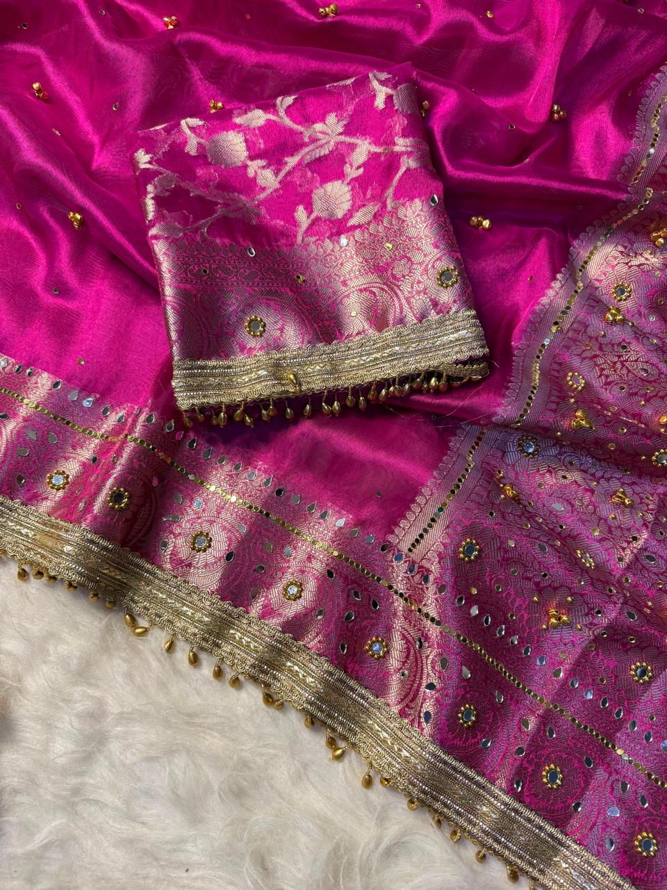 Fuchsia Pink Soft Tissue Silk Saree with Ghungroo & Handcrafted Mirror Work