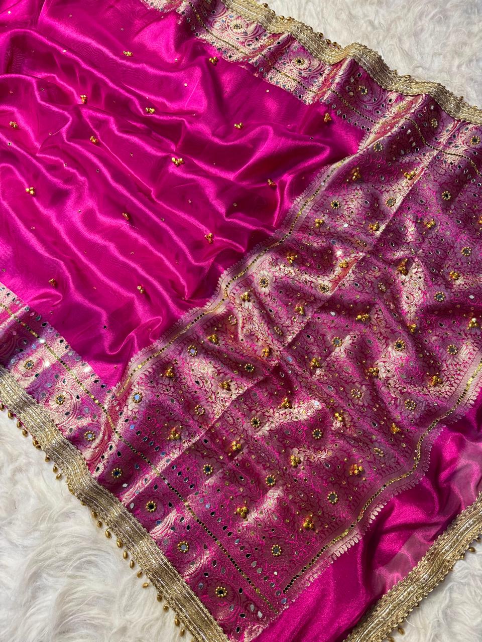 Fuchsia Pink Soft Tissue Silk Saree with Ghungroo & Handcrafted Mirror Work