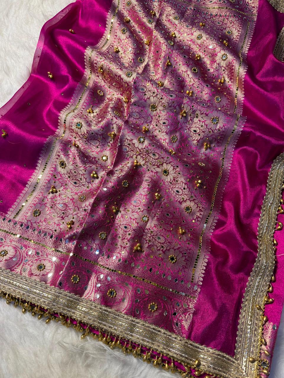 Fuchsia Pink Soft Tissue Silk Saree with Ghungroo & Handcrafted Mirror Work