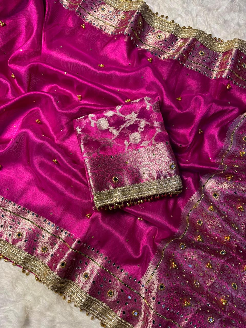 Fuchsia Pink Soft Tissue Silk Saree with Ghungroo & Handcrafted Mirror Work