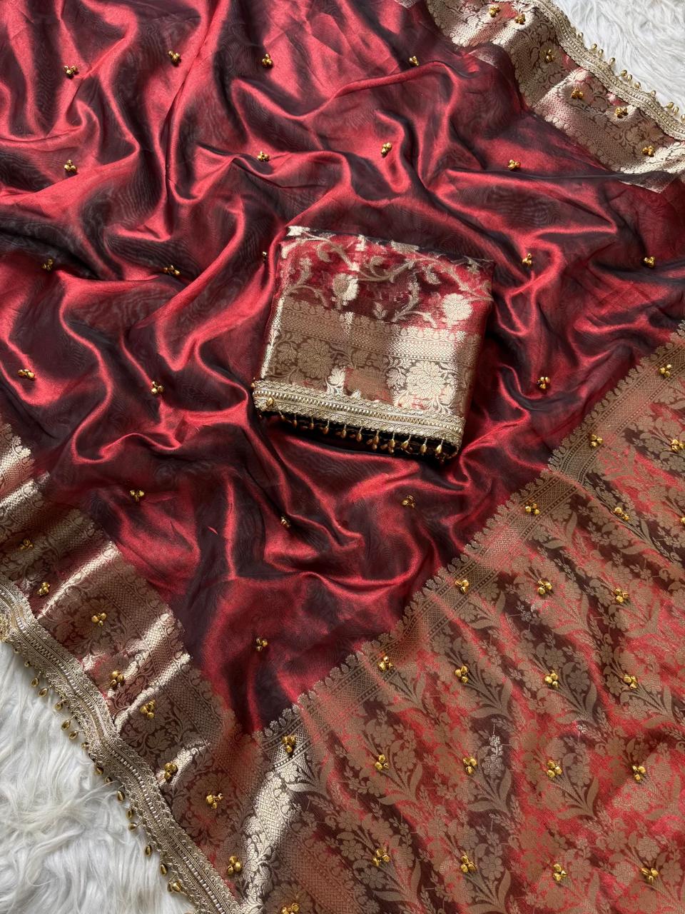 Premium Maroon Tissue Silk Saree with Handcrafted Ghungroo Work & Banarasi Zari Woven Pallu