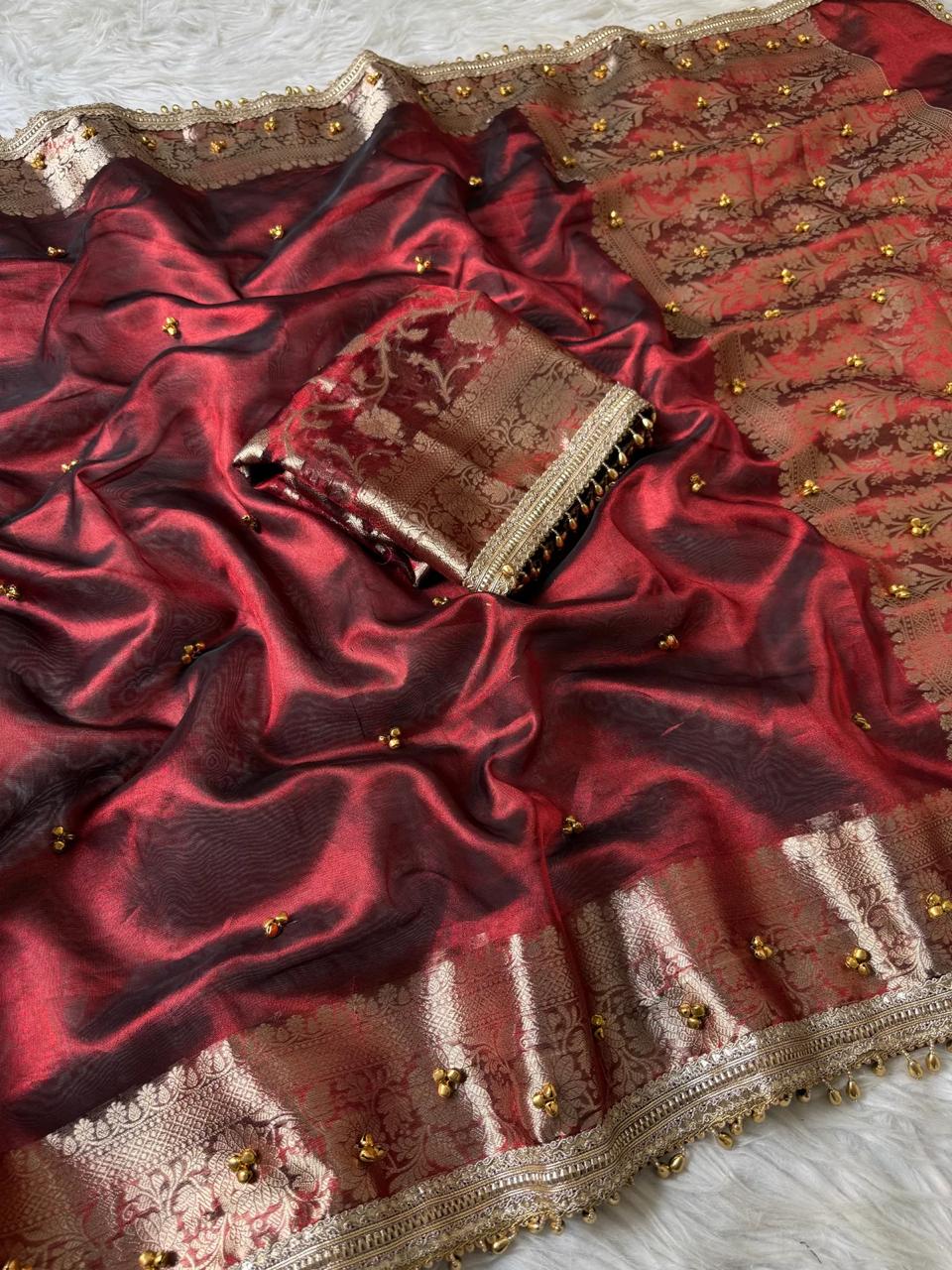 Premium Maroon Tissue Silk Saree with Handcrafted Ghungroo Work & Banarasi Zari Woven Pallu