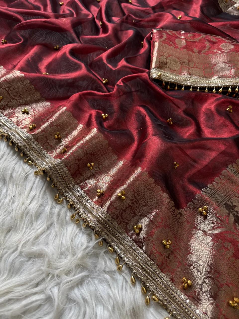 Premium Maroon Tissue Silk Saree with Handcrafted Ghungroo Work & Banarasi Zari Woven Pallu