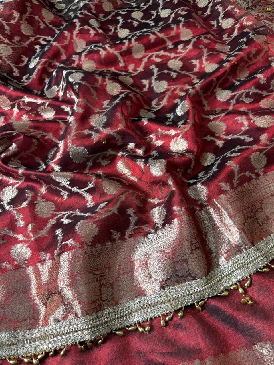 Premium Maroon Tissue Silk Saree with Handcrafted Ghungroo Work & Banarasi Zari Woven Pallu