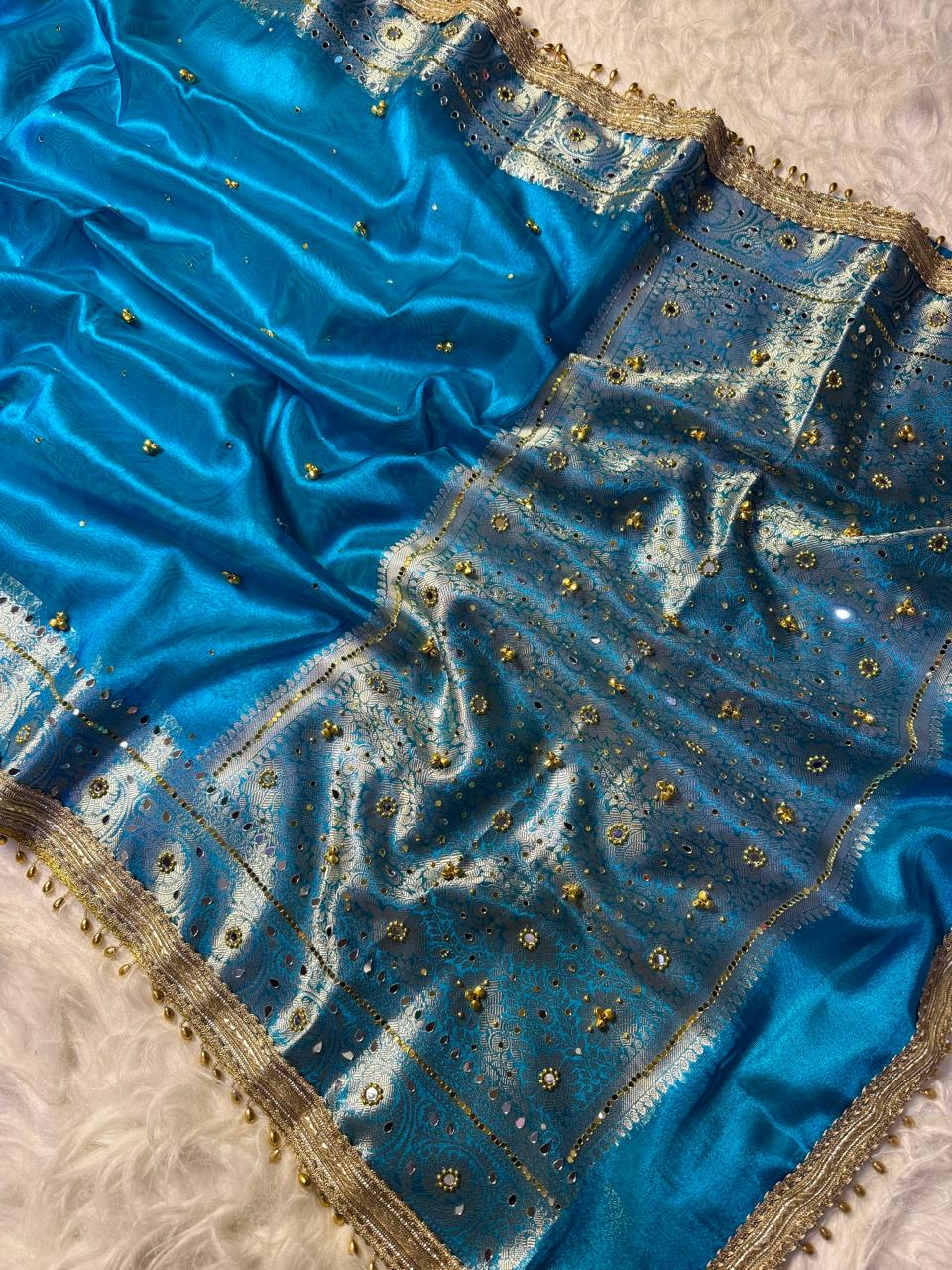 Cyan Blue Soft Tissue Silk Saree with Ghungroo & Handcrafted Mirror Work