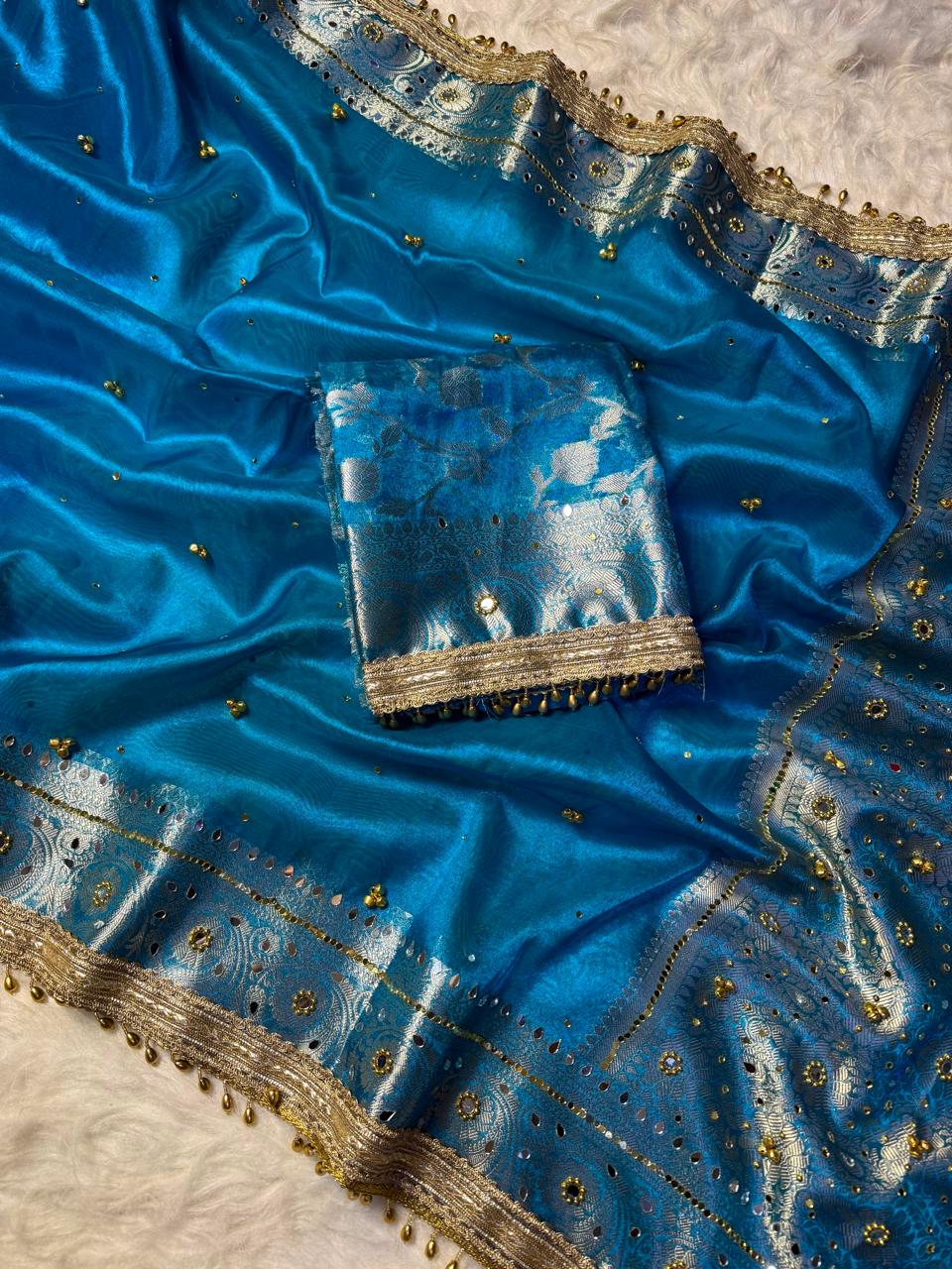 Cyan Blue Soft Tissue Silk Saree with Ghungroo & Handcrafted Mirror Work
