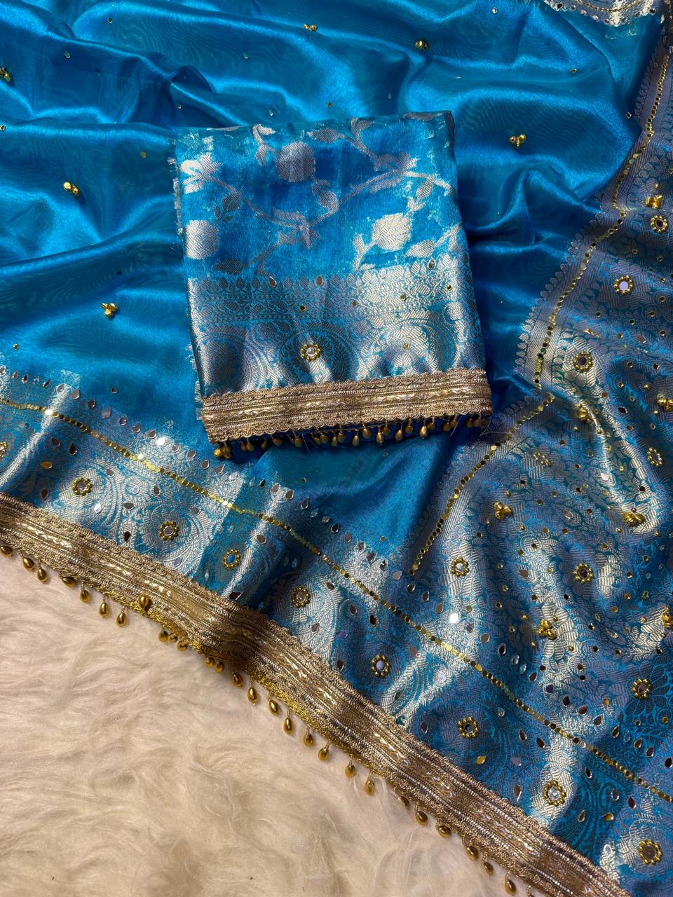 Cyan Blue Soft Tissue Silk Saree with Ghungroo & Handcrafted Mirror Work