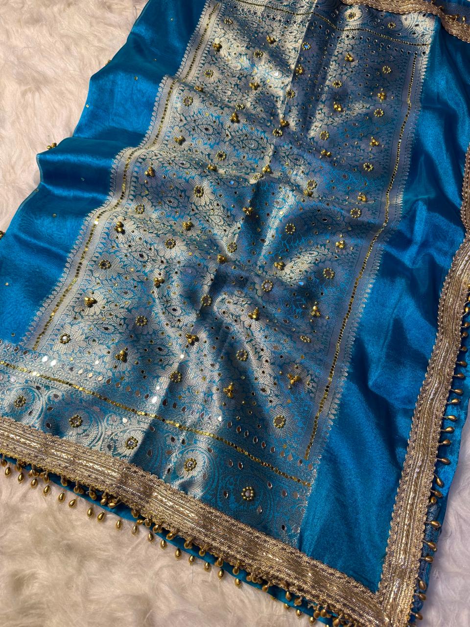 Cyan Blue Soft Tissue Silk Saree with Ghungroo & Handcrafted Mirror Work