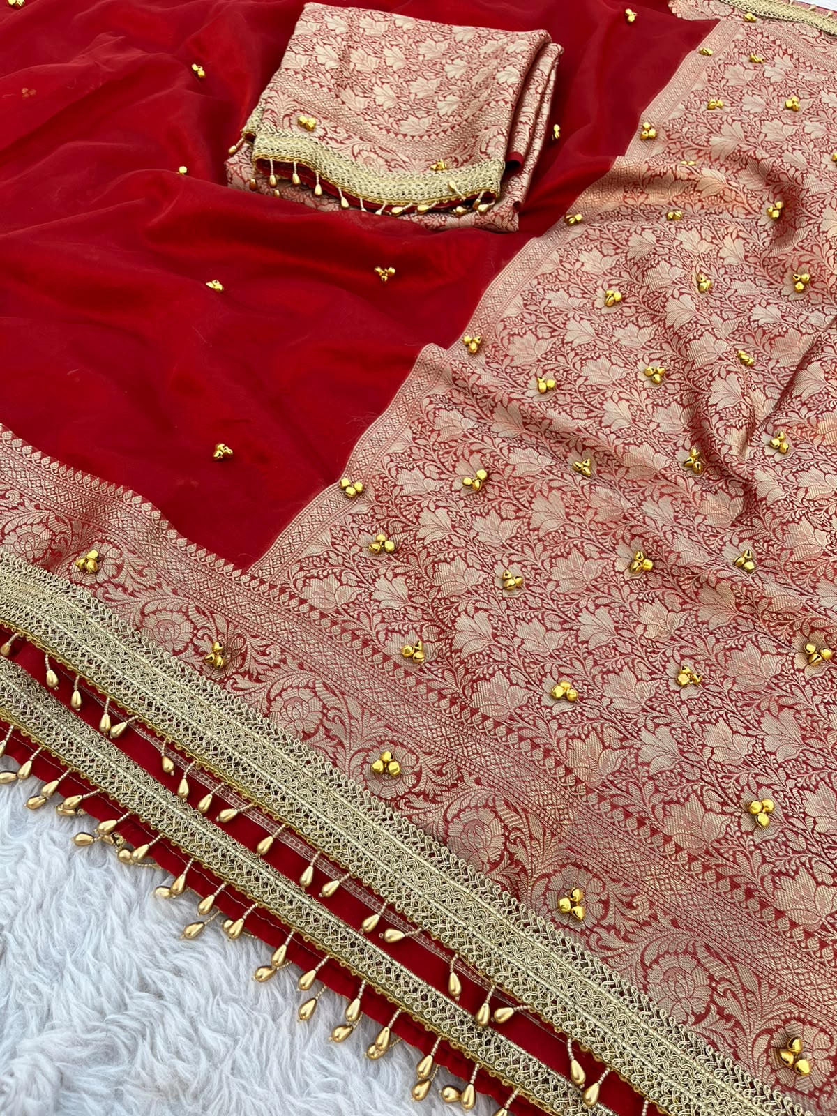 Luxe Crimson Red Tissue Silk Saree with Handcrafted Ghungroo Work