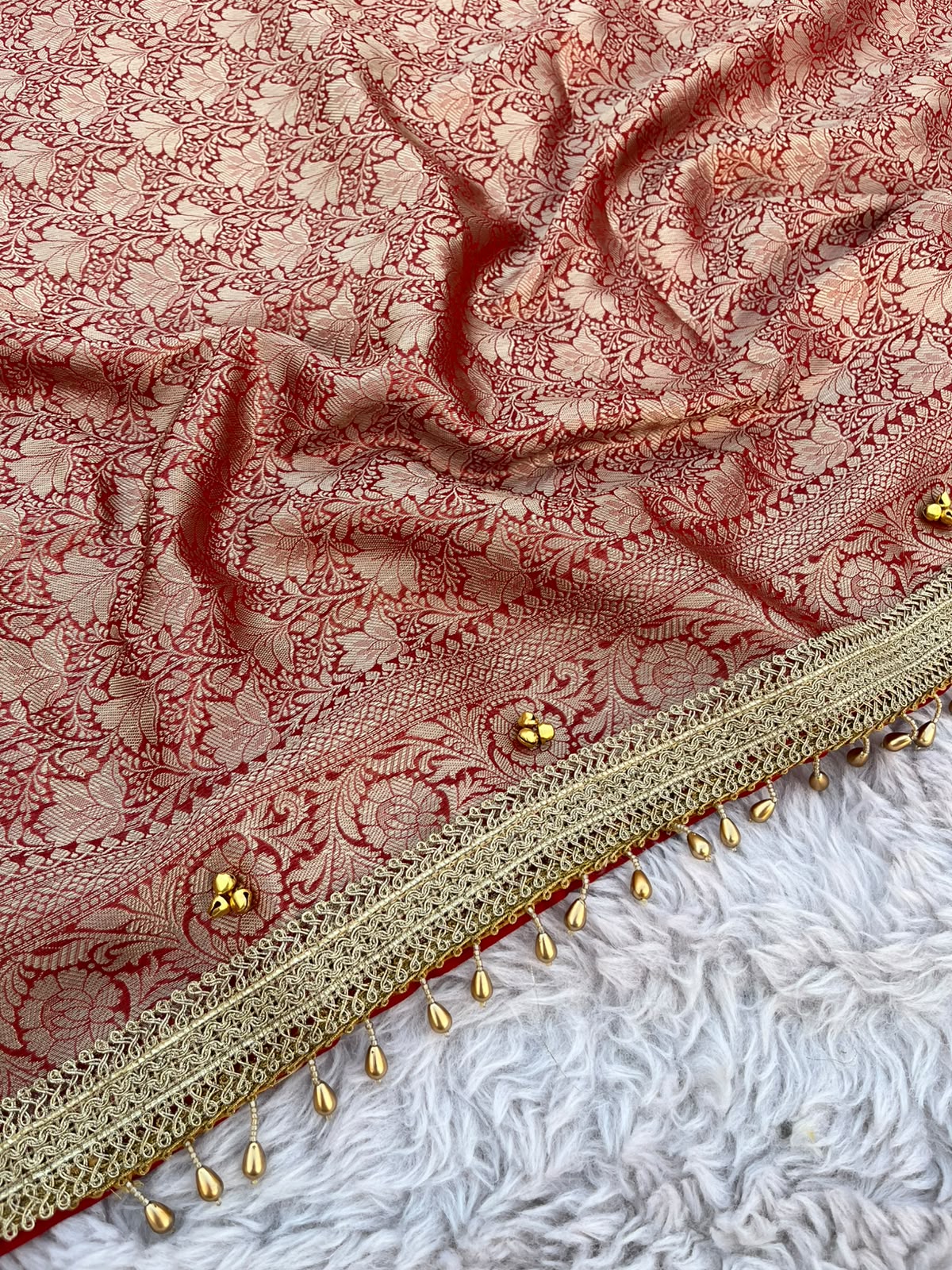 Luxe Crimson Red Tissue Silk Saree with Handcrafted Ghungroo Work