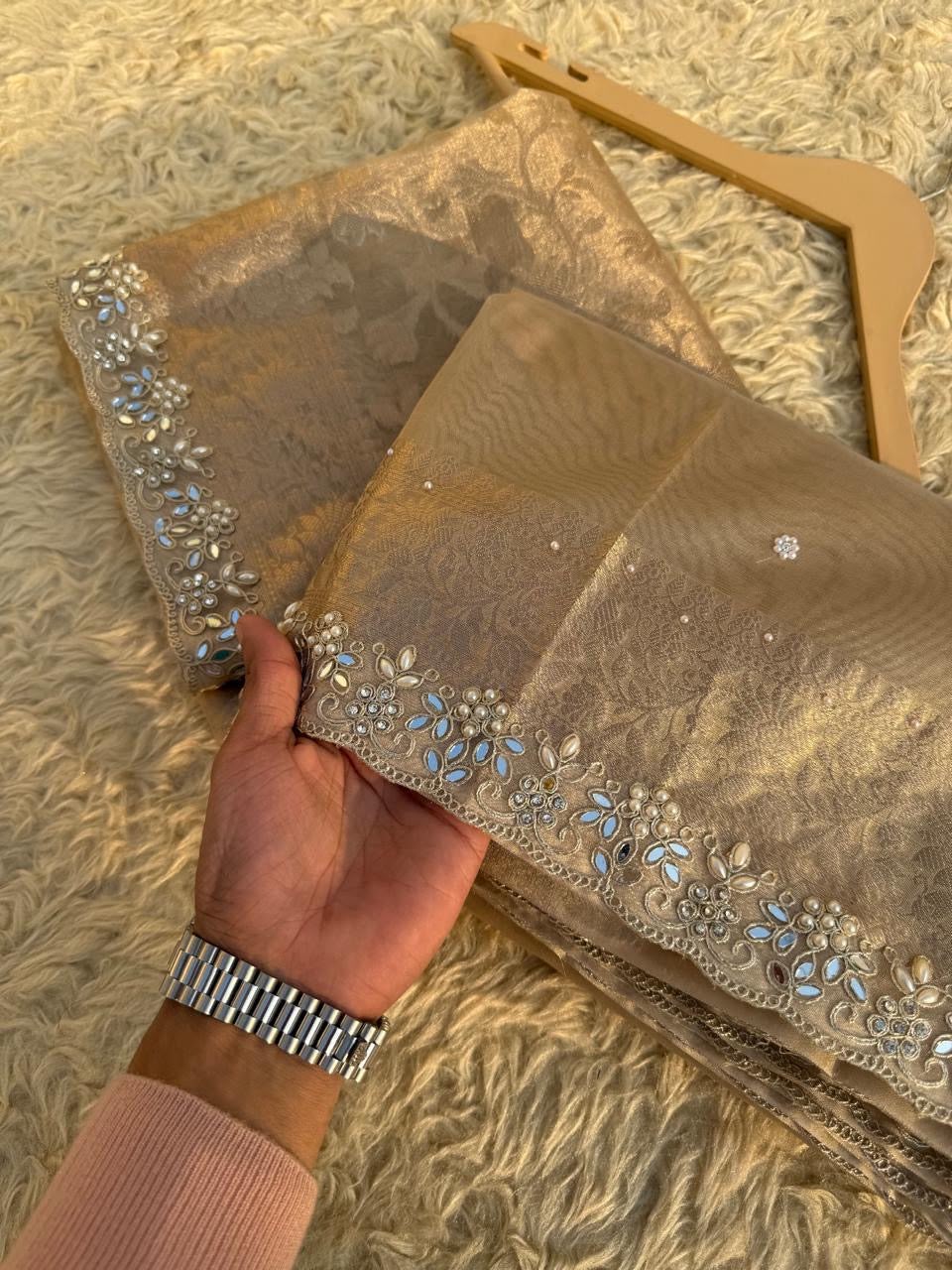 The Royal Premium Antique Gold Banarasi Tissue Silk Saree with Handcrafted Stone & Beautiful Lace Attached