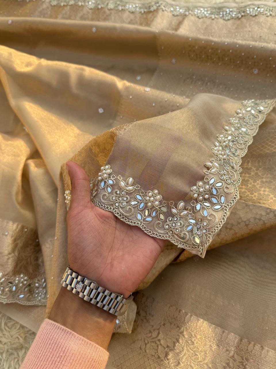 The Royal Premium Antique Gold Banarasi Tissue Silk Saree with Handcrafted Stone & Beautiful Lace Attached