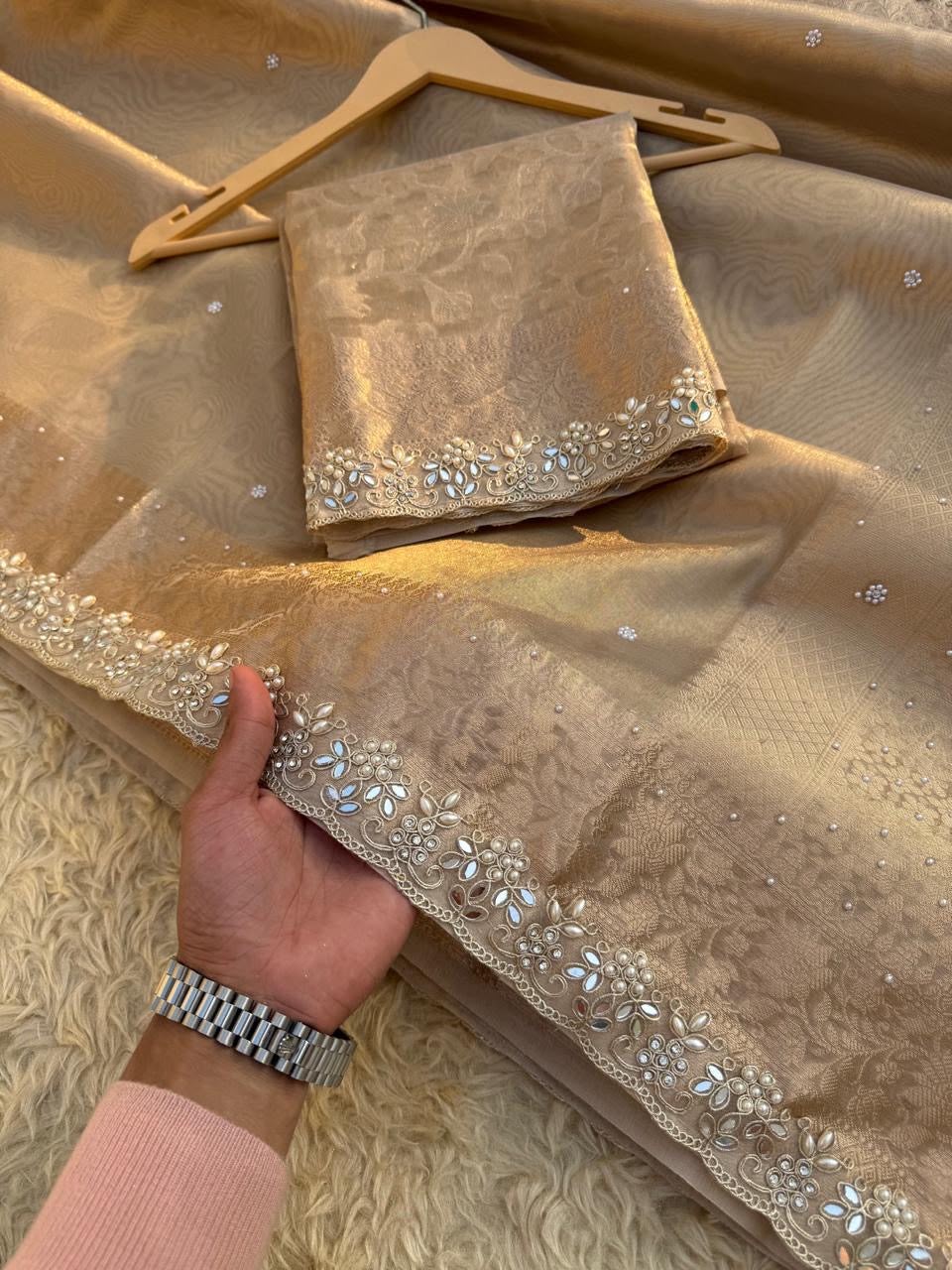 The Royal Premium Antique Gold Banarasi Tissue Silk Saree with Handcrafted Stone & Beautiful Lace Attached