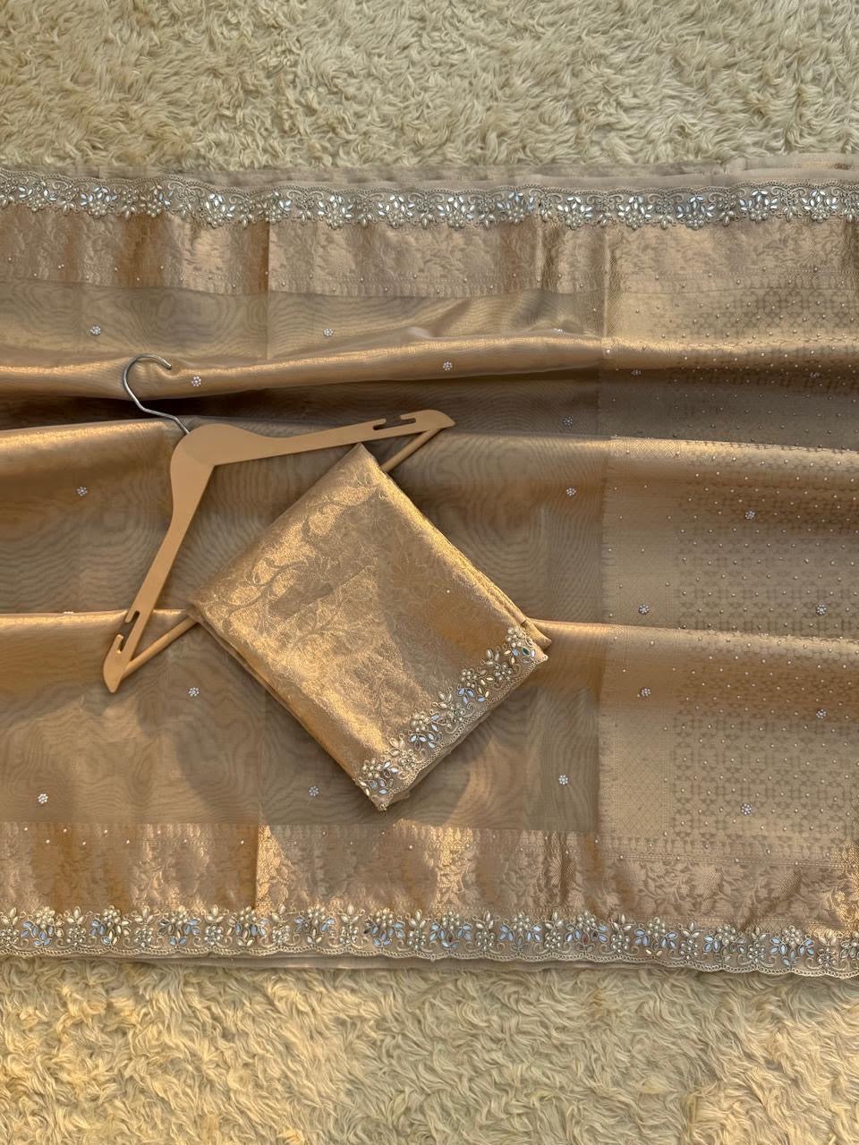 The Royal Premium Antique Gold Banarasi Tissue Silk Saree with Handcrafted Stone & Beautiful Lace Attached